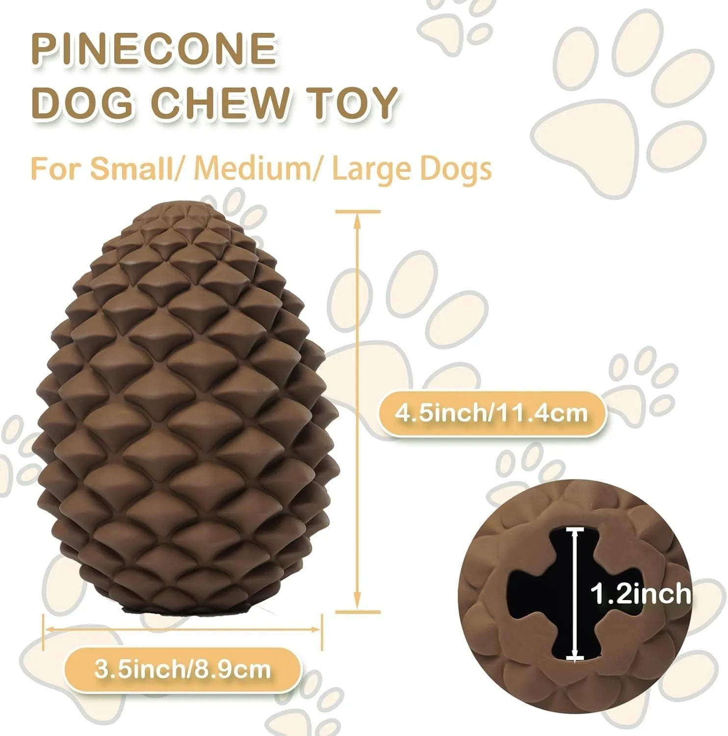 Yellow pine cone shaped natural rubber dog chew toy with treat dispenser hole