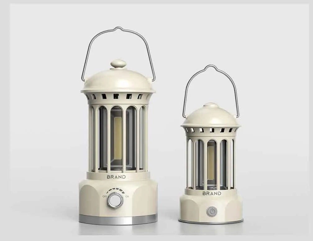 Black retro USB rechargeable camping lantern with iron shell and LED ambient light for outdoor tent use