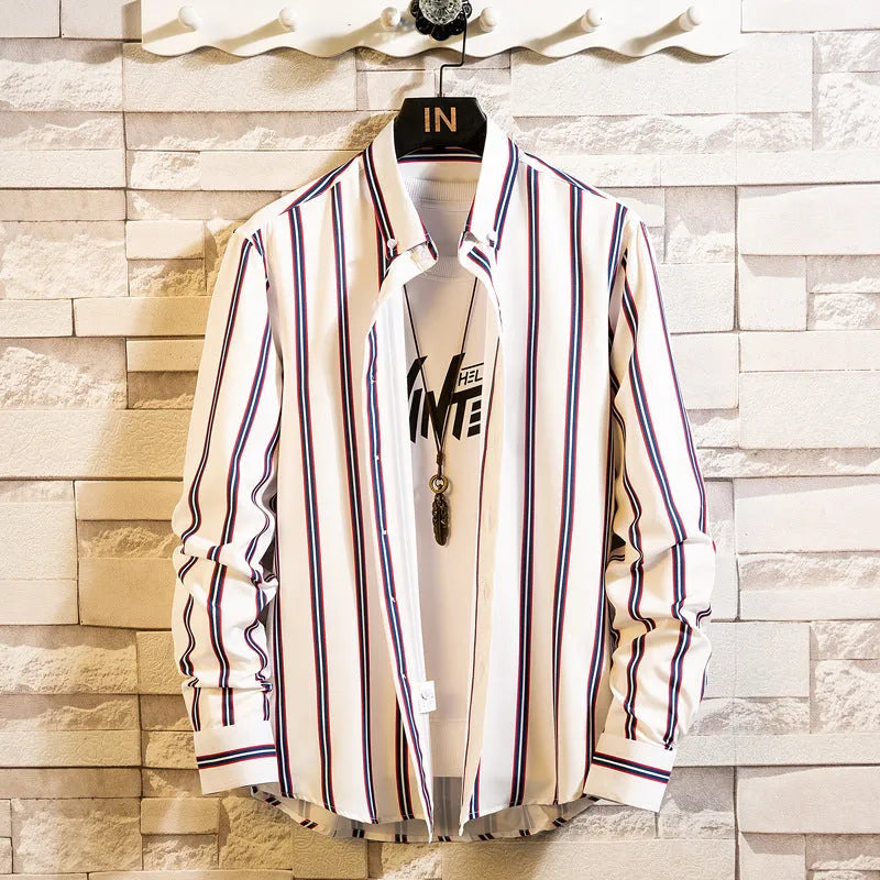 Men's casual striped polyester cardigan in slim fit with long sleeves and pointed collar, available in multiple colours and sizes M to 5XL