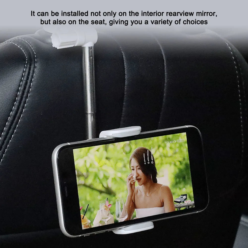 Black car phone holder mounted on rearview mirror showing 360-degree rotation mechanism