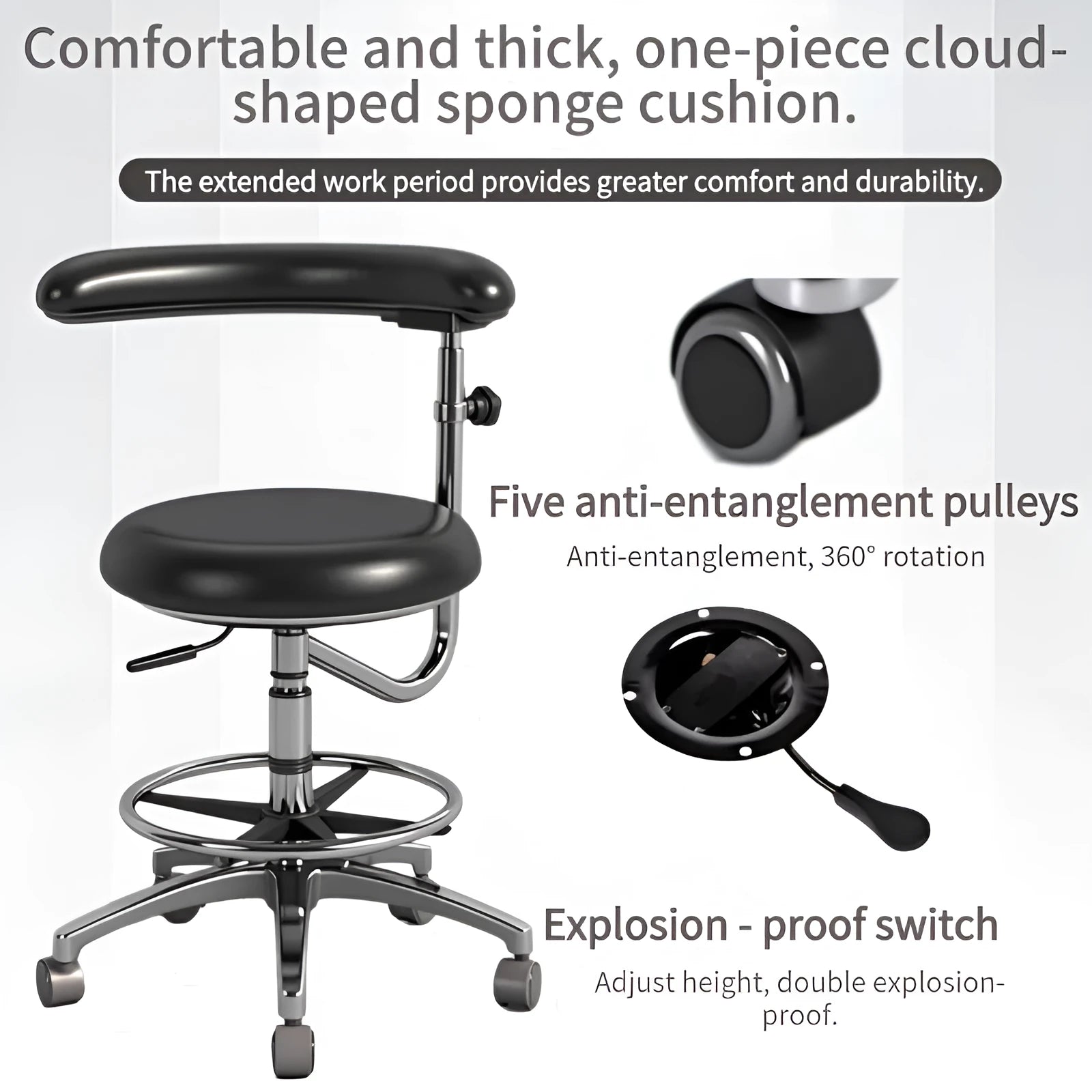Black leather dental chair with electric lift mechanism for dental surgeries