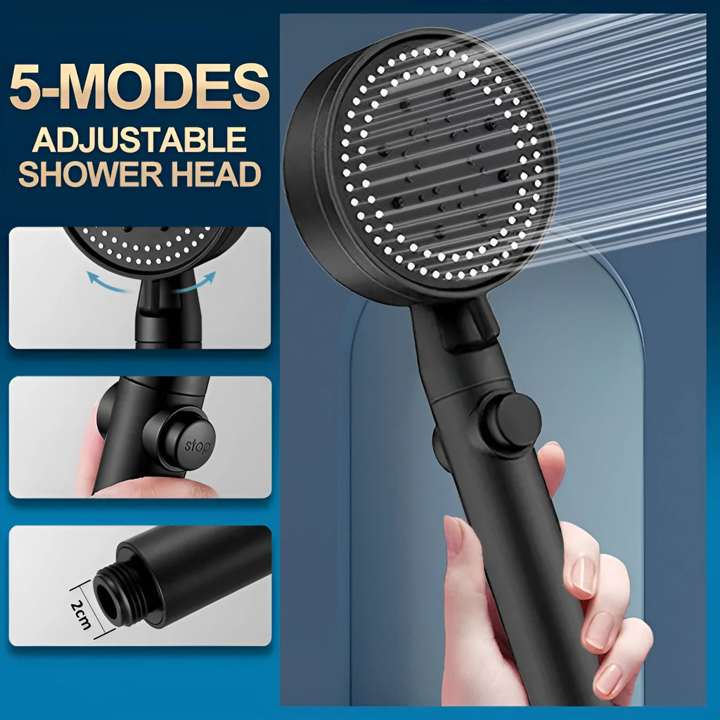 Portable supercharged shower head in modern minimalist design with multiple spray settings.