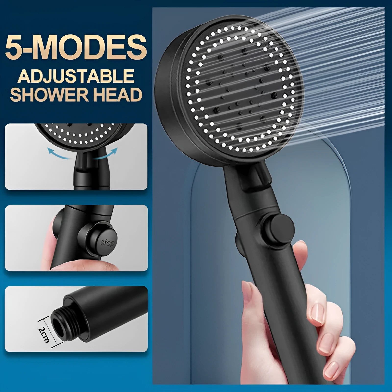 Portable supercharged shower head in modern minimalist design with multiple spray settings.
