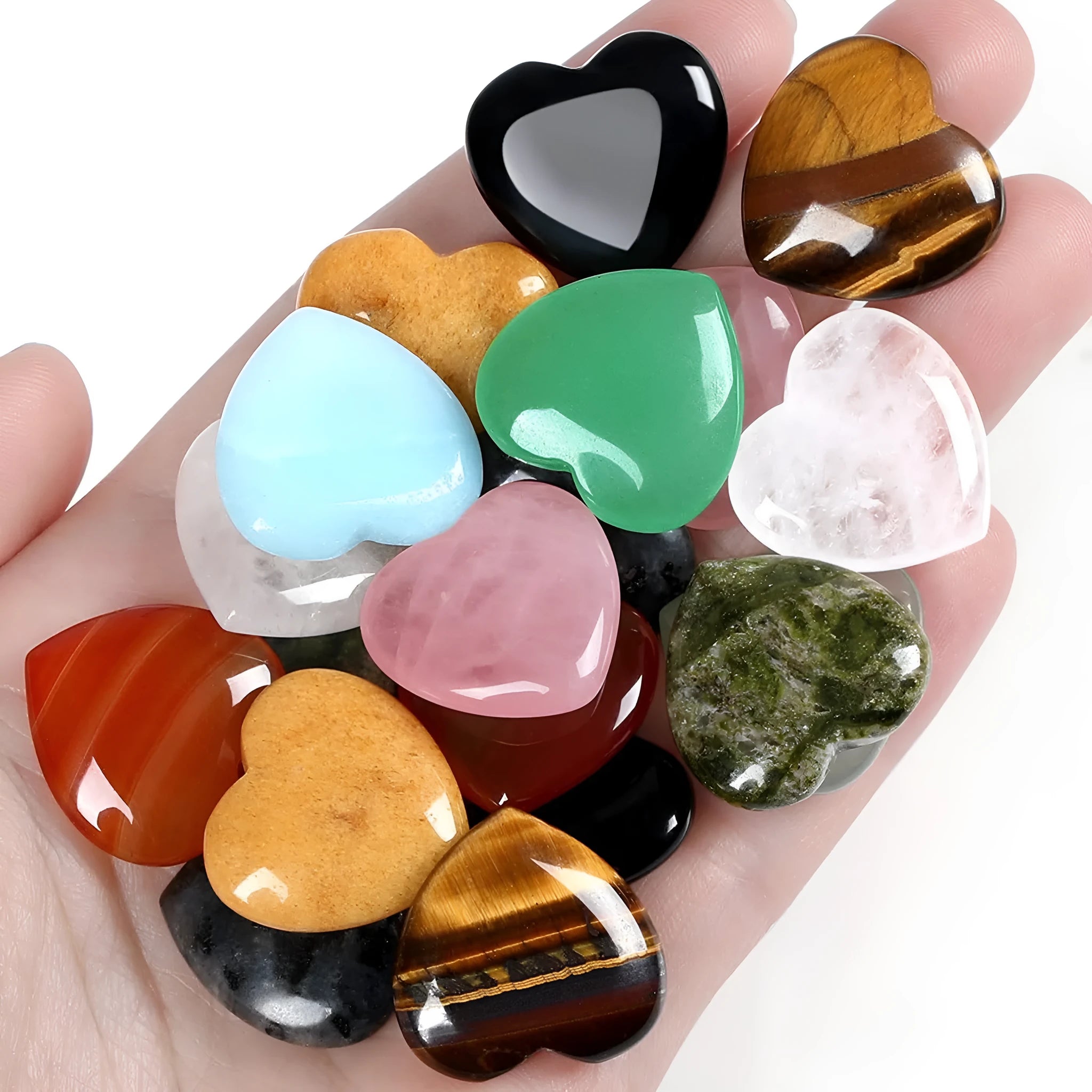 Natural crystal heart-shaped love stone ornament 20x20x6mm in random colours set of 10