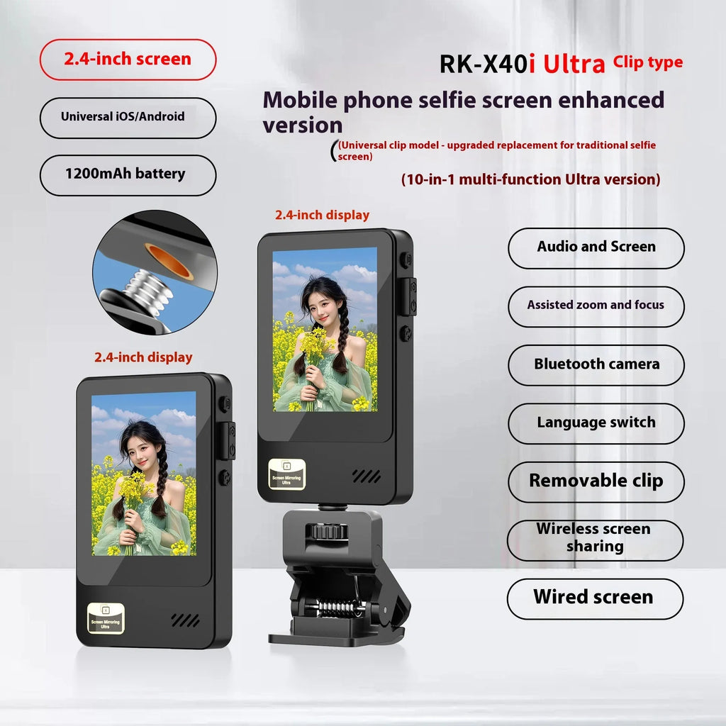 Wireless mobile screen sharing device with 2.4-inch IPS display, 1200mAh battery, and Bluetooth selfie function in black plastic