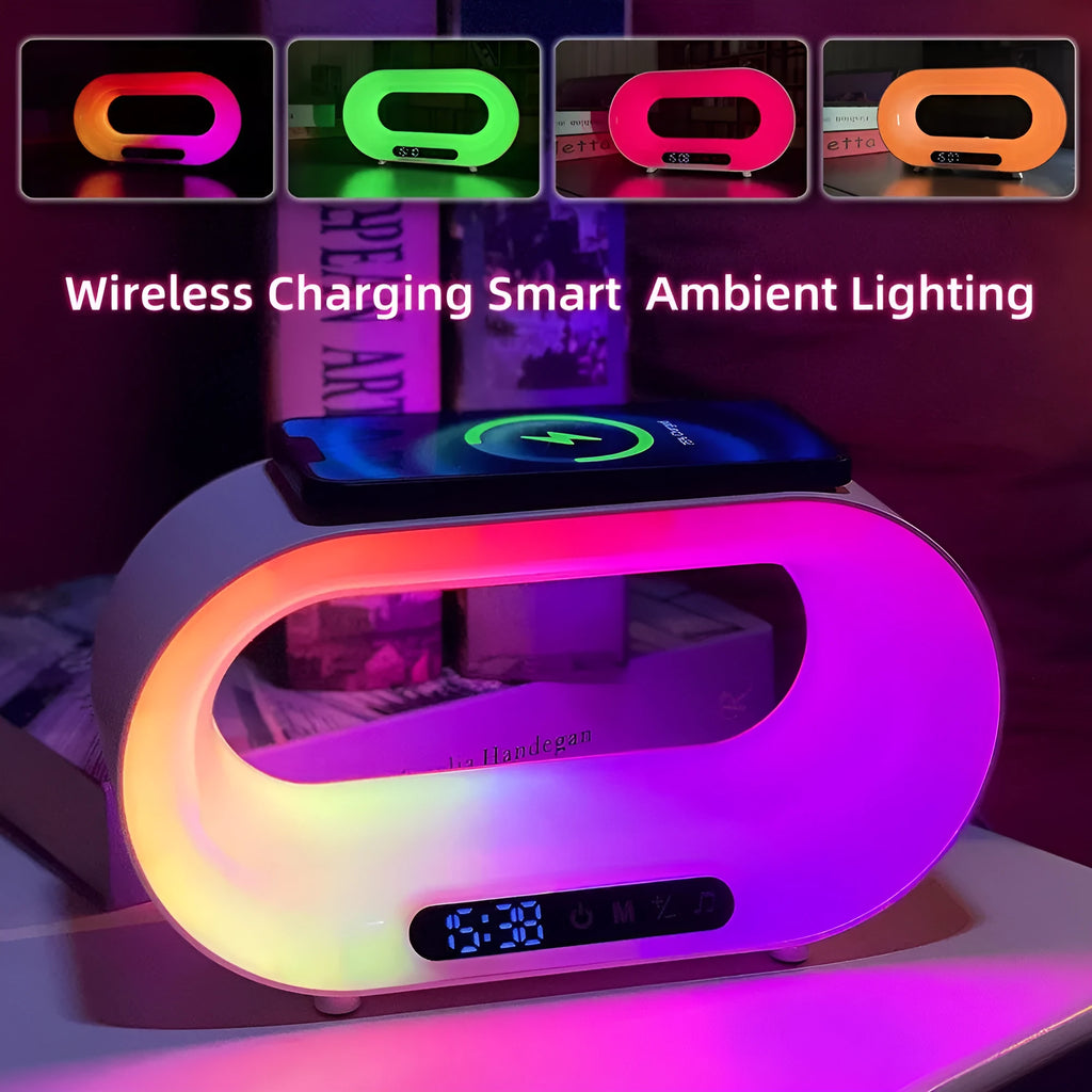 White smart desk lamp with wireless charging pad, alarm clock display, and RGB lighting measuring 23.8 x 7.8 x 13.5 cm