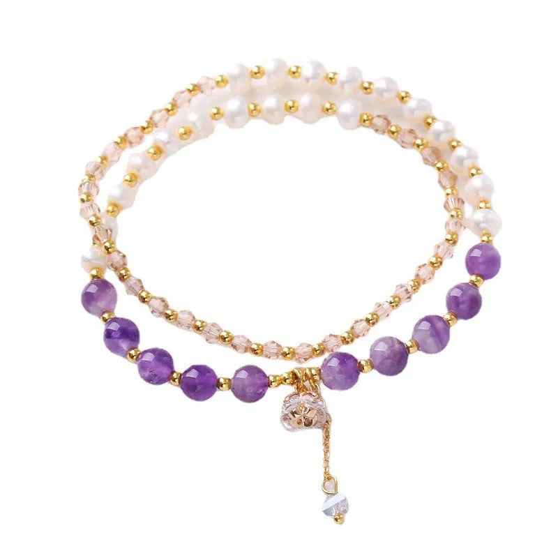 Women's double ring crystal bracelet in choice of strawberry quartz, amethyst, or aquamarine colour
