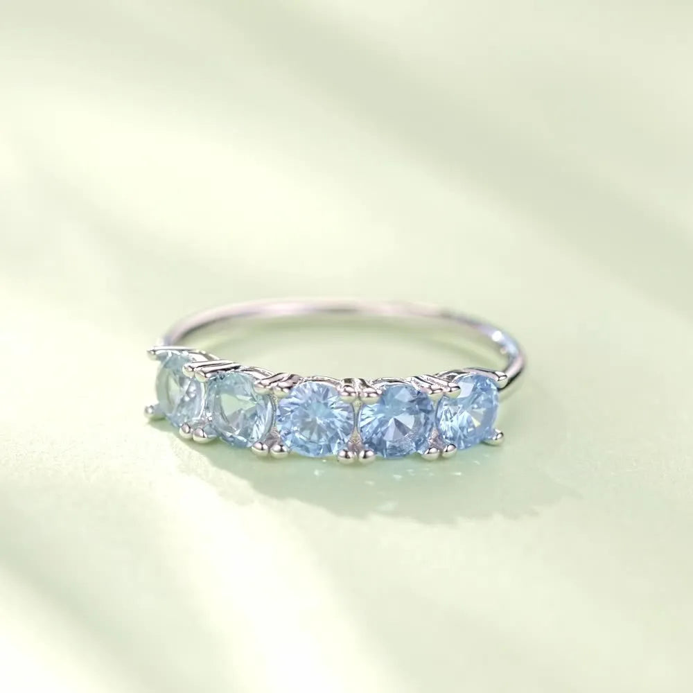Gradient blue zircon S925 sterling silver geometric ring for women, US sizes 6, 7 and 8