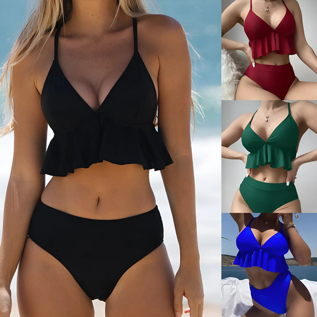 Women's solid colour split bikini swimsuit in black, army green, brick red or blue with sleeveless top