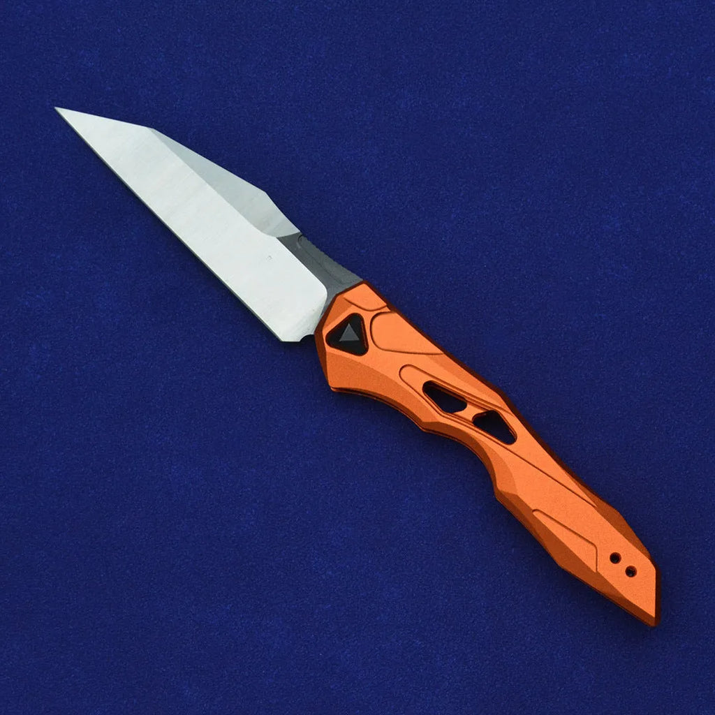 Black folding fruit knife with D2 steel blade and aluminium handle, shown open with measurements.