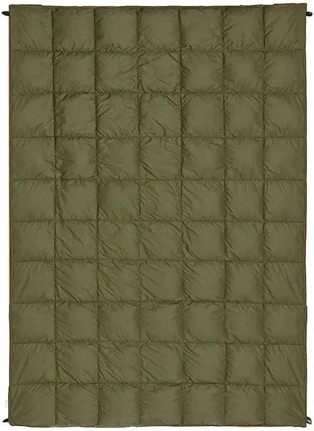 Army green outdoor portable down shawl camping blanket, 140 x 200cm, shown folded and worn over shoulders