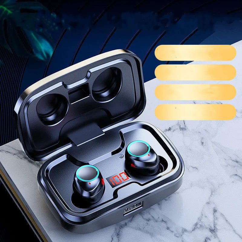 Black wireless Bluetooth in-ear earphones shown with a case on a plain background.