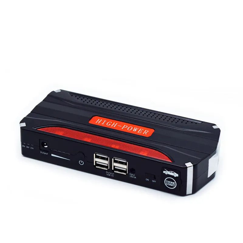 Black and red portable vehicle jump starter power bank with battery clamps.
