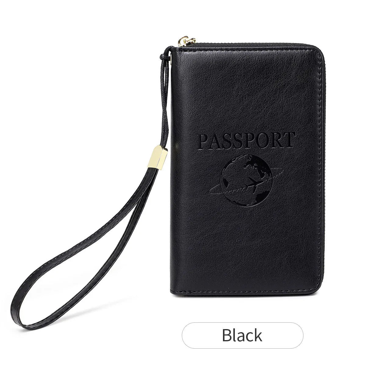 Brown PU travel document wallet with zip, open to show credit card slots and passport space.