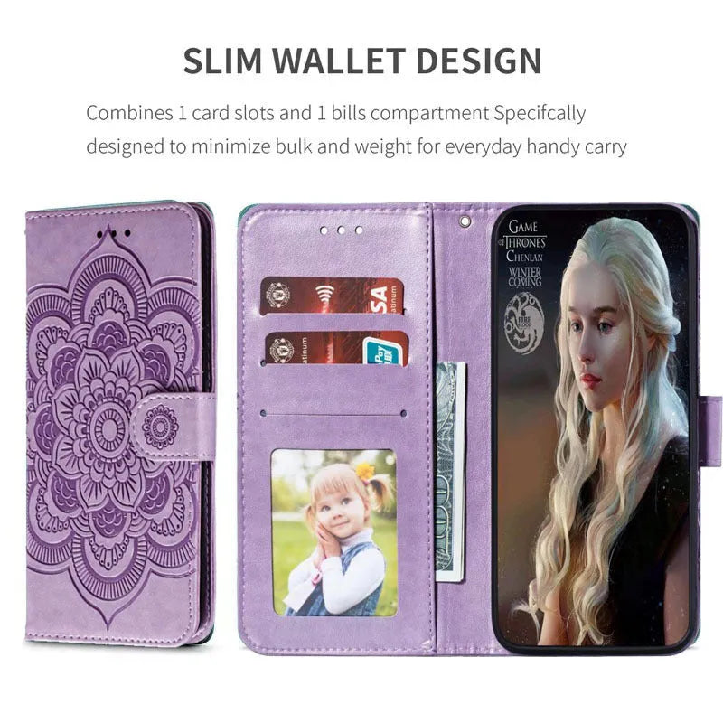 Mandala iPhone leather case with card slot, lanyard, bracket and magnetic suction in TPU PU, available in eight colours.
