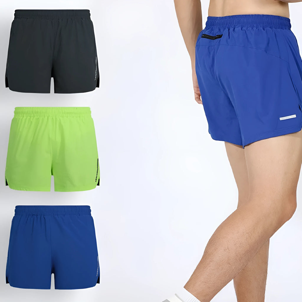 A pair of grey straight-cut unisex running shorts made from moisture-wicking polyester fabric, laid flat.