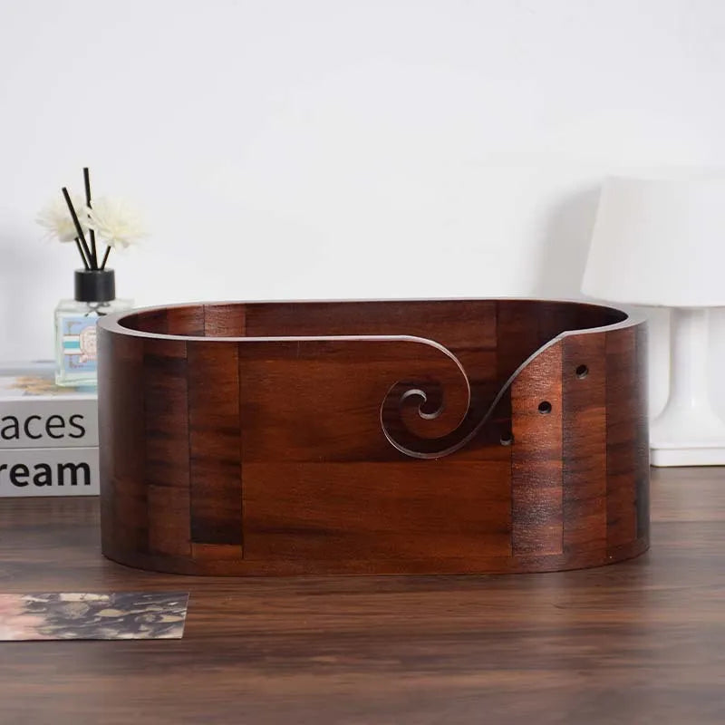 Fashion retro solid wood oval storage box in black walnut colour with lid and double-sided hole, 28.5 cm long