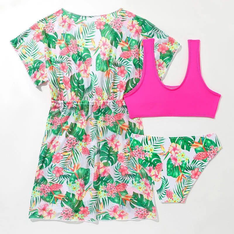 Girls' floral print two-piece swimsuit for swimming in sizes 130cm to 160cm.