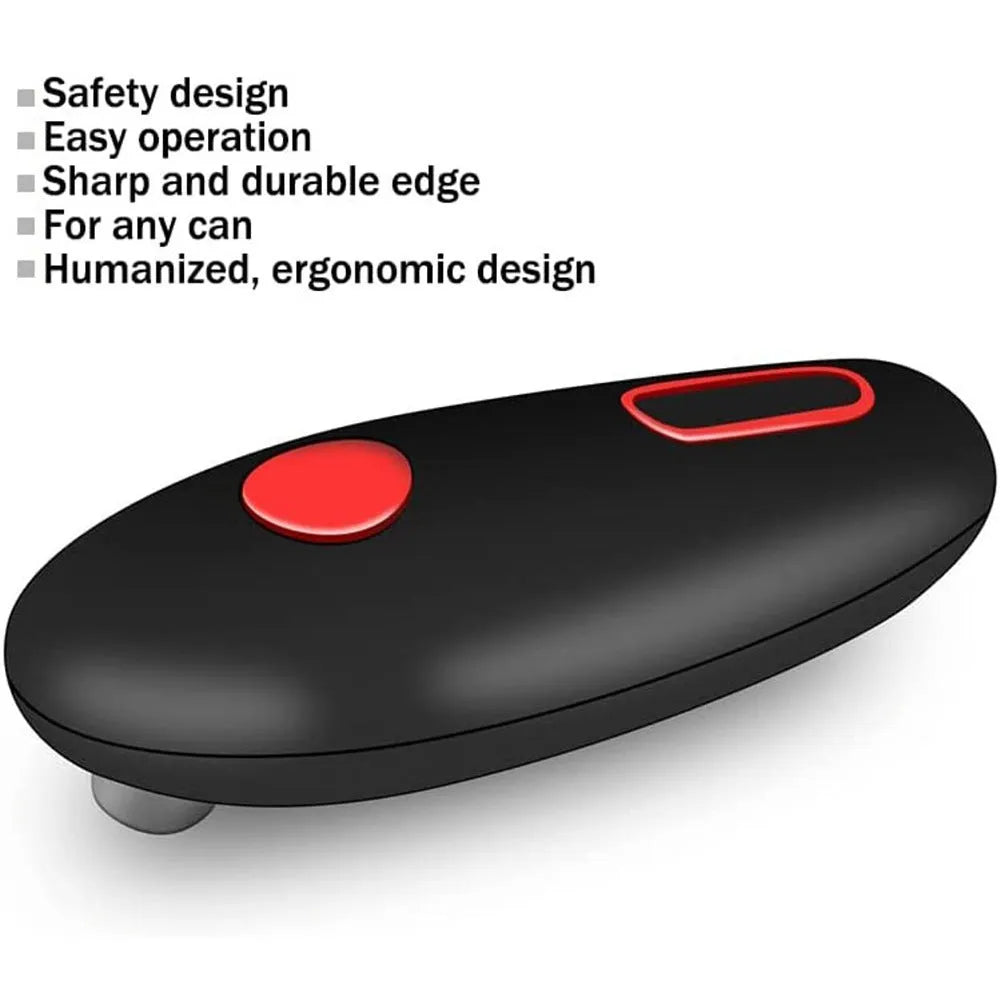 Black electric can opener gadget for opening cans, jars, and bottles