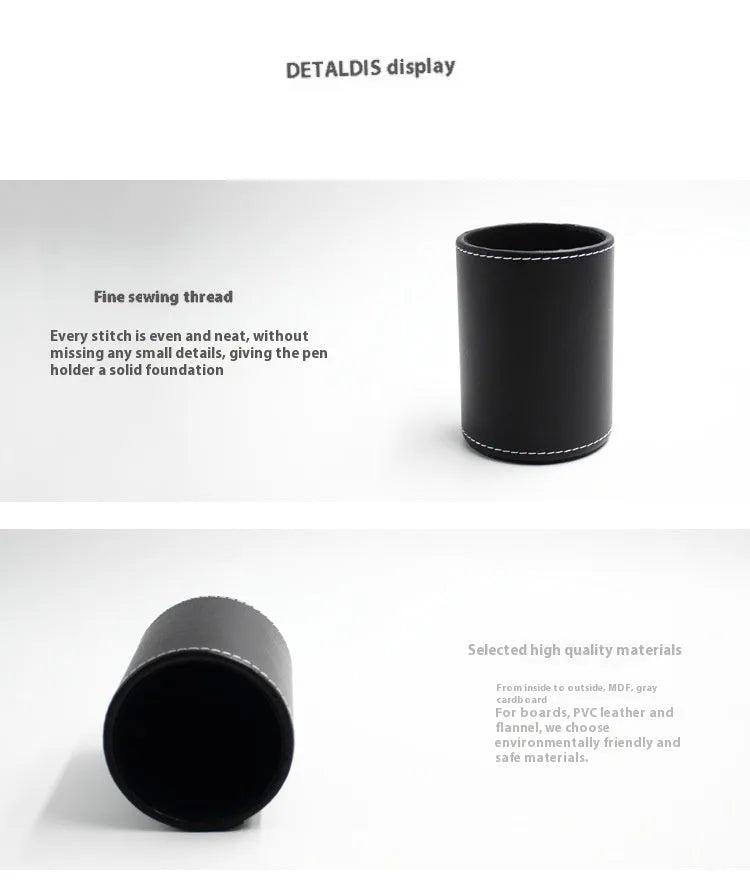Small black leather round pen holder with 8cm diameter and 10.8cm height dimensions