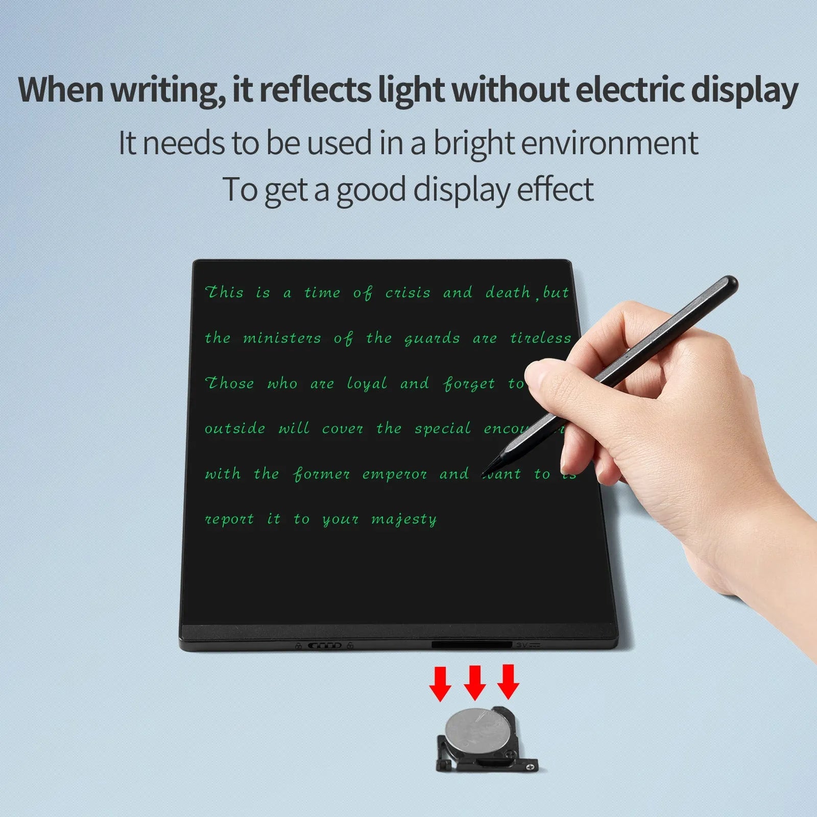 Single colour double-side LCD handwriting board 9.5 inch in white with pen on surface