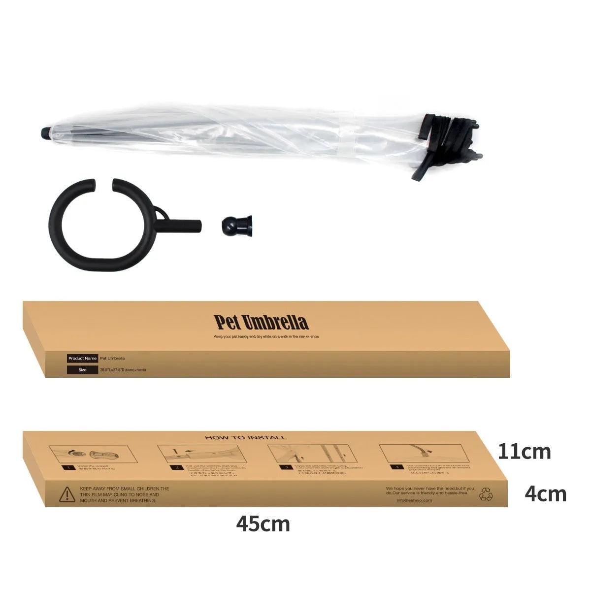 Transparent C-type adjustable pet umbrella for dogs with ABS TPU metal frame attached to leash