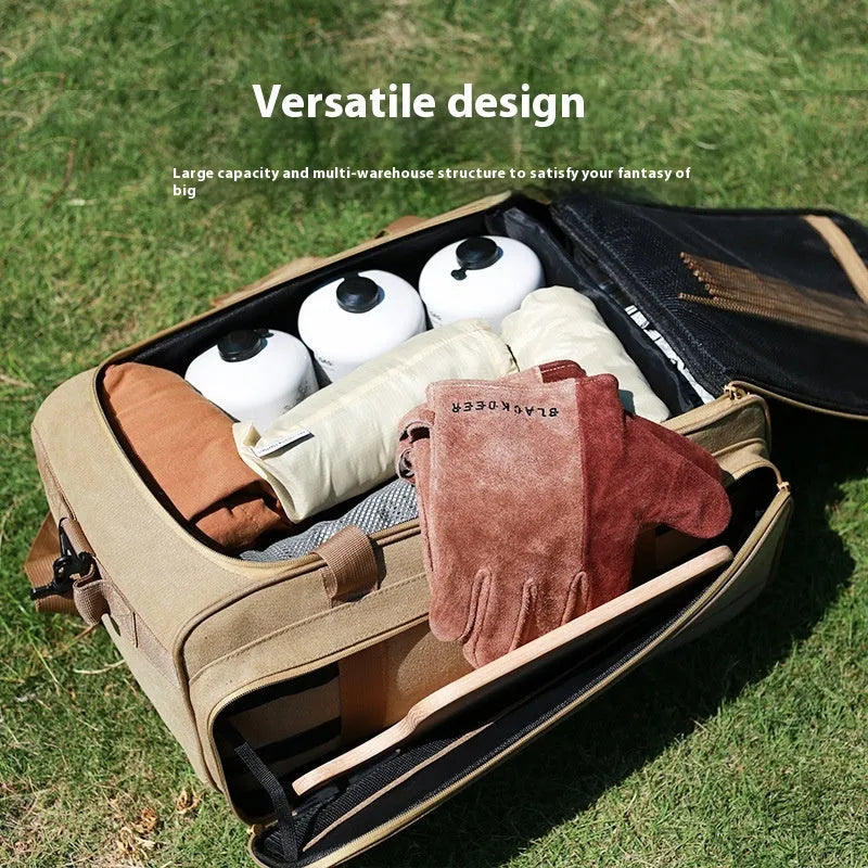 Oxford cloth camping cookware storage bag shown in two sizes, 16 litre and 35 litre, for portable stoves.