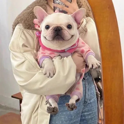 Pink polyester winter coat for small dog with optional hat on a French bulldog model