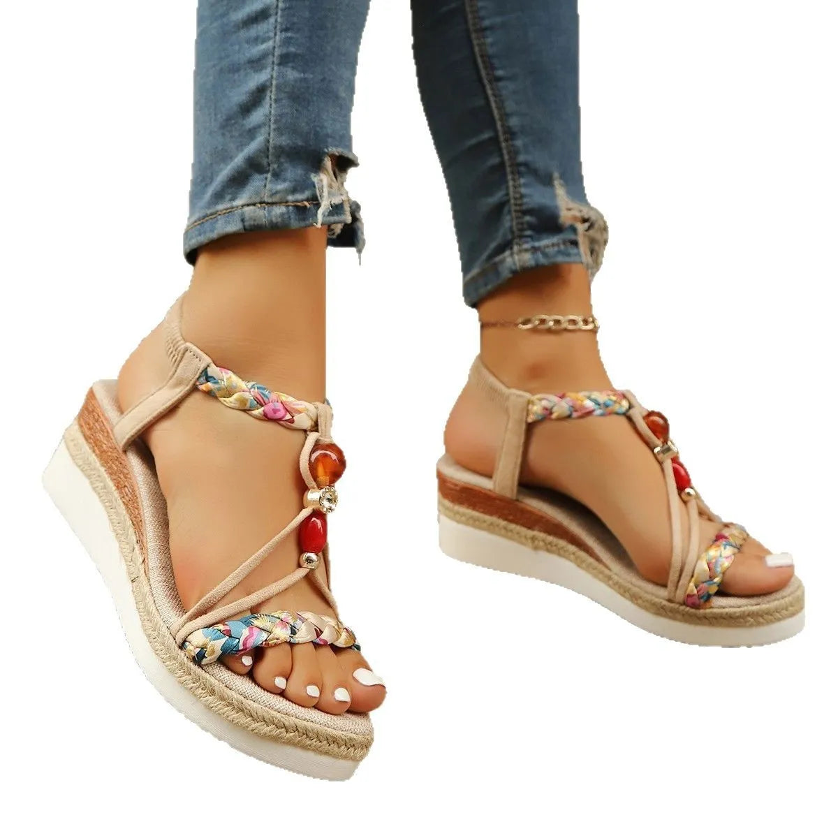 Apricot rhinestone beaded wedge high heels with platform sole, fish mouth toe, and elastic band, sizes 36-43