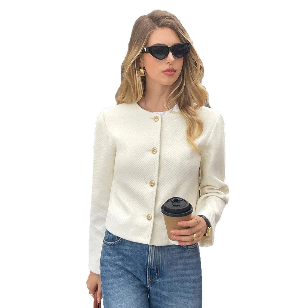 Women's apricot solid colour long sleeve cardigan shirt jacket in polyester, sizes S M L XL