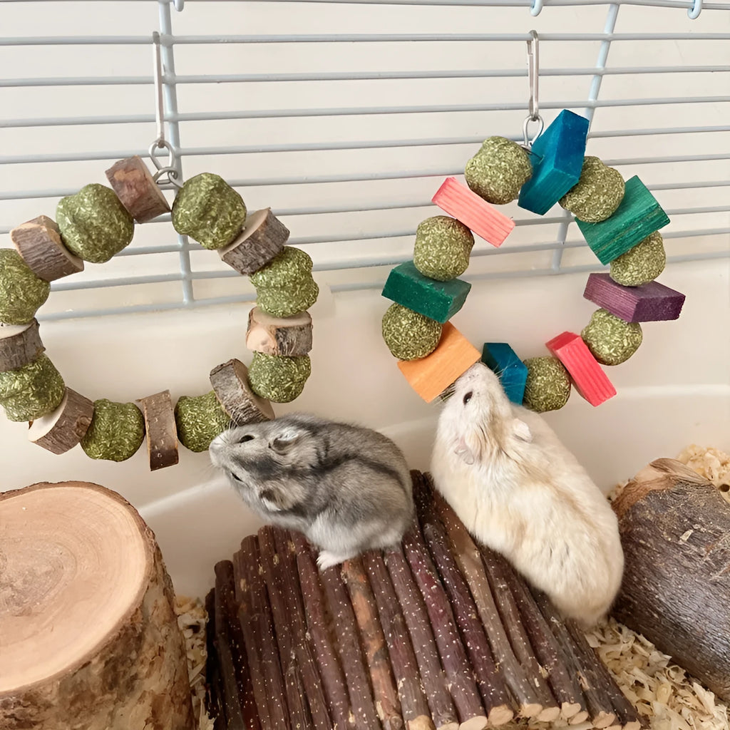 Small pet chew toy set with straw ball ring and applewood ring for hamsters, rabbits and guinea pigs