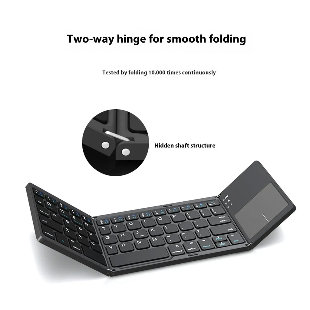 Black tri-fold Bluetooth keyboard showing folded thickness next to tablet for size comparison