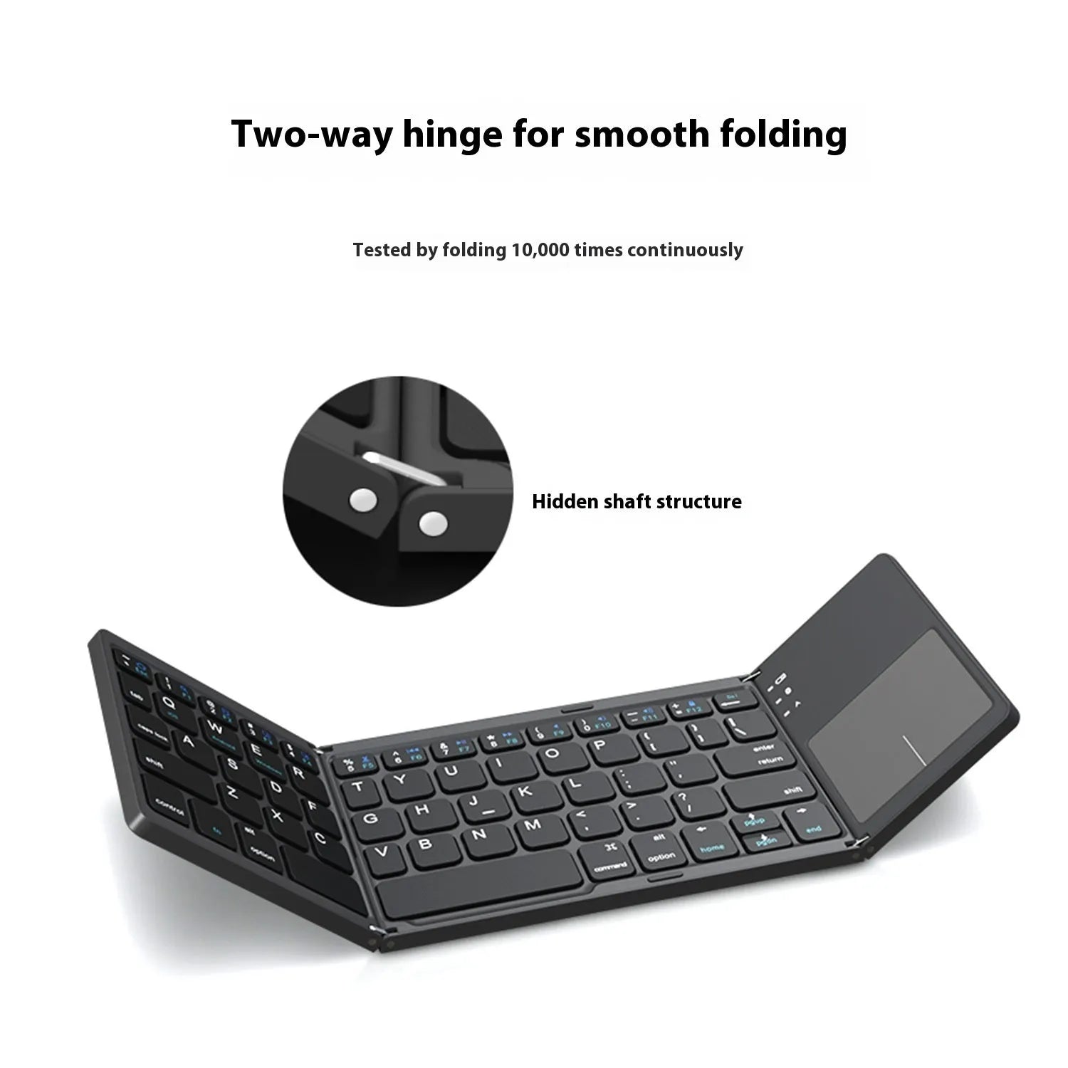 Black tri-fold Bluetooth keyboard showing folded thickness next to tablet for size comparison