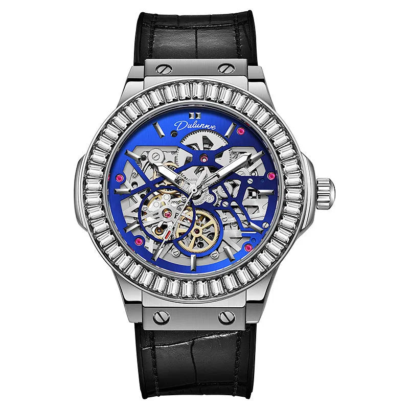 Automatic mechanical men's watch with diamond studs on the bezel and a hollow movement design.