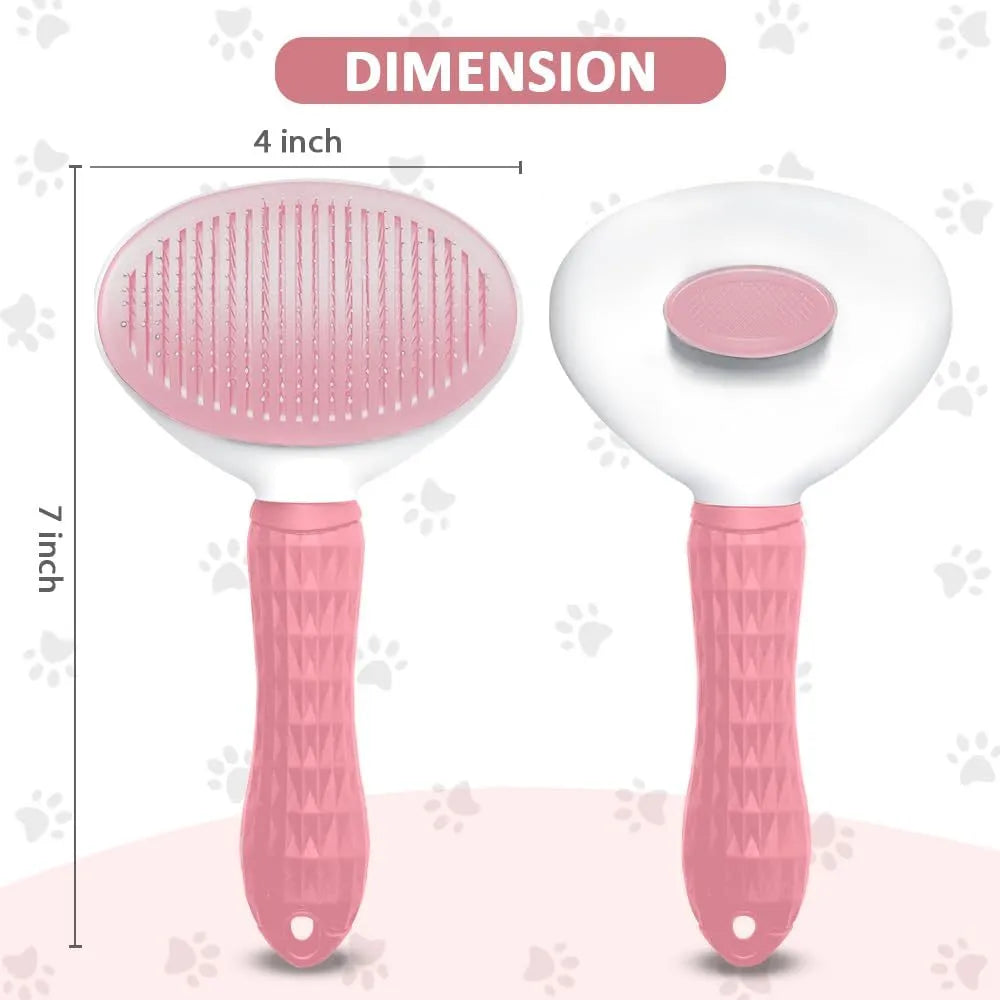 Blue cat grooming brush with a release button and fine wire bristles for removing pet hair.