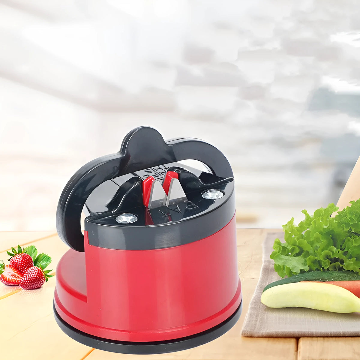 Small suction cup knife sharpener with ABS blade, 65 x 65mm, in red, yellow, green, blue, orange, black, white, or gold.