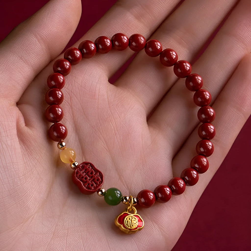 Emperor Sandstone Happy Eyebrow Bracelet with fu character design on cinnabar beads