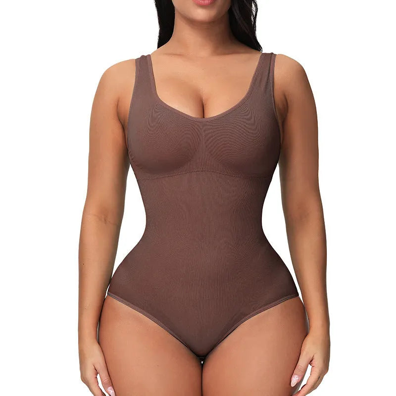 Green seamless nylon corset bodysuit for women on a hanger, showing its one-piece shaping design.
