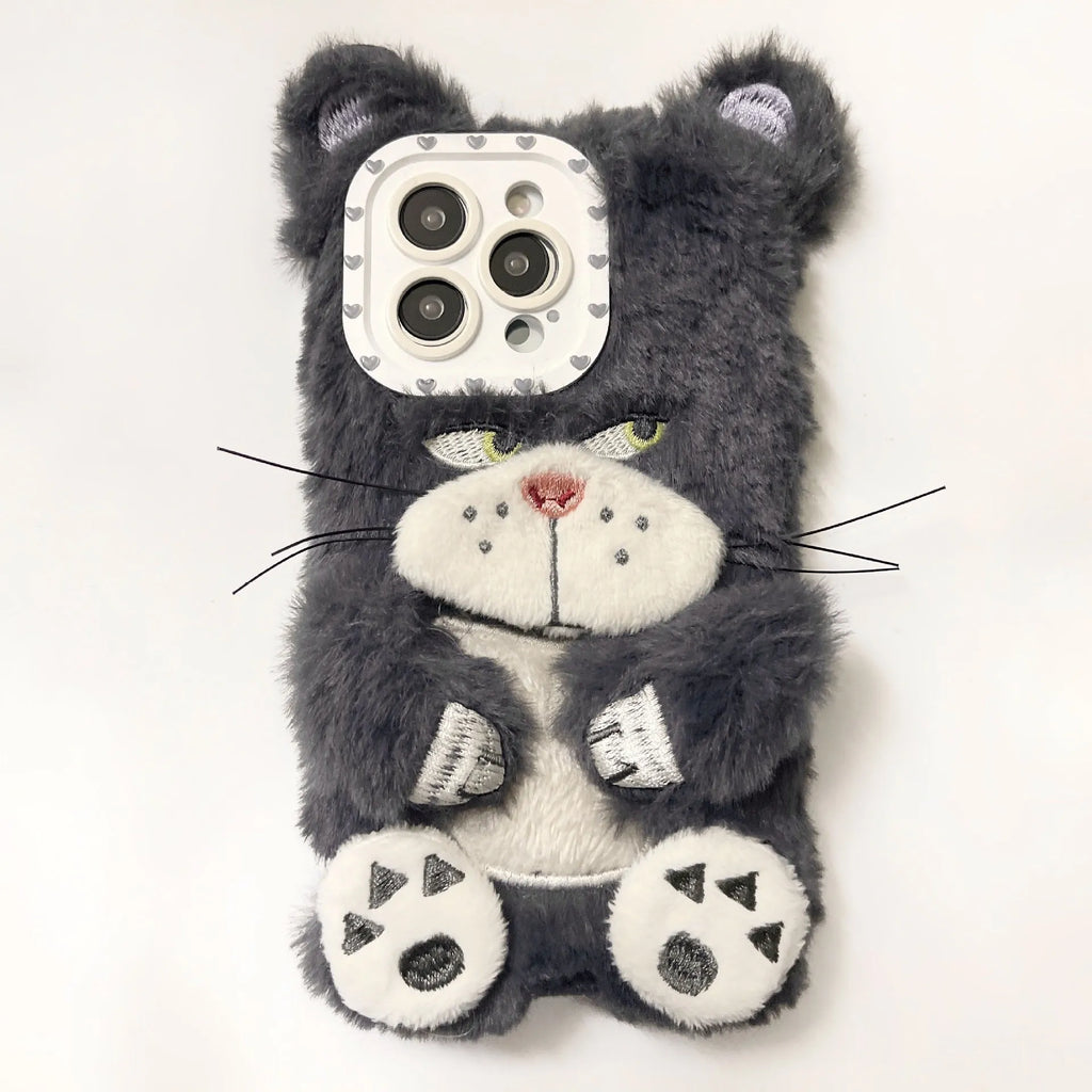 Plush pink phone case with staring cat love lens graphic on a white background