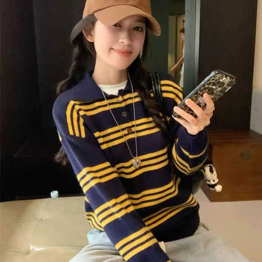 Loose-fit yellow striped polyester pullover sweater for women, average size 40-70kg