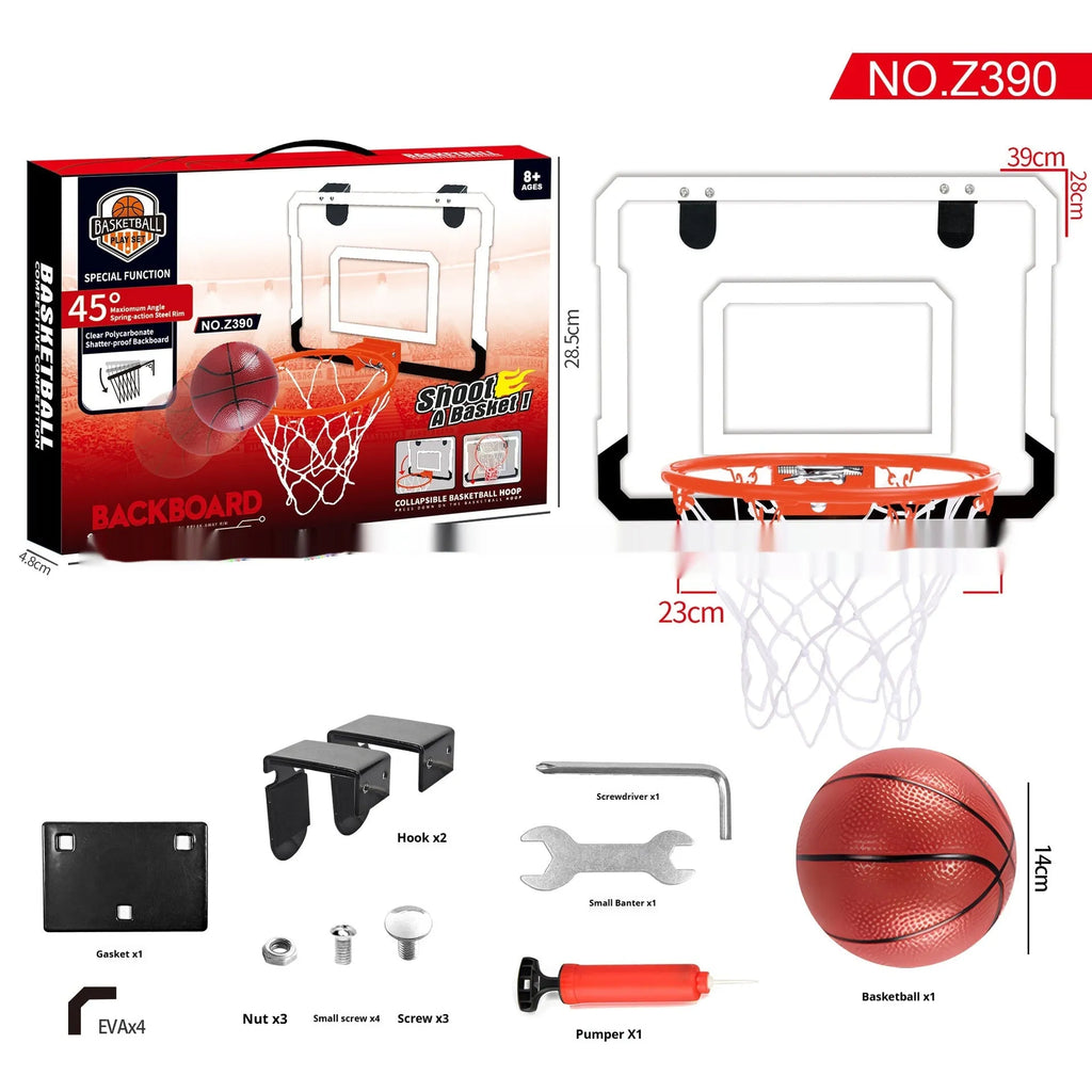 Red folding basketball frame with suction cup mount and 16cm ball, shown in a child's bedroom.