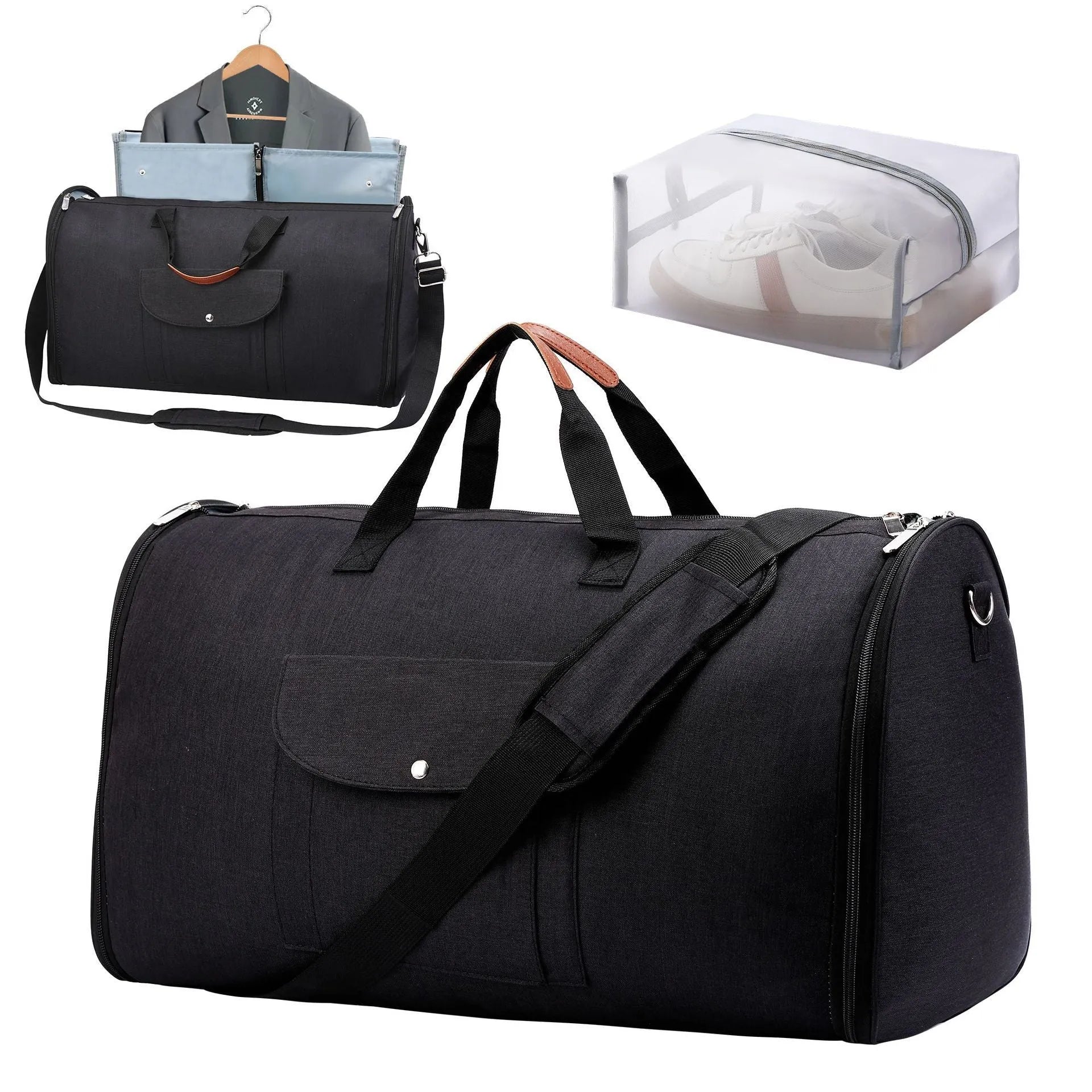 Folding dark blue Oxford cloth duffle bag with 36-55 litre capacity.