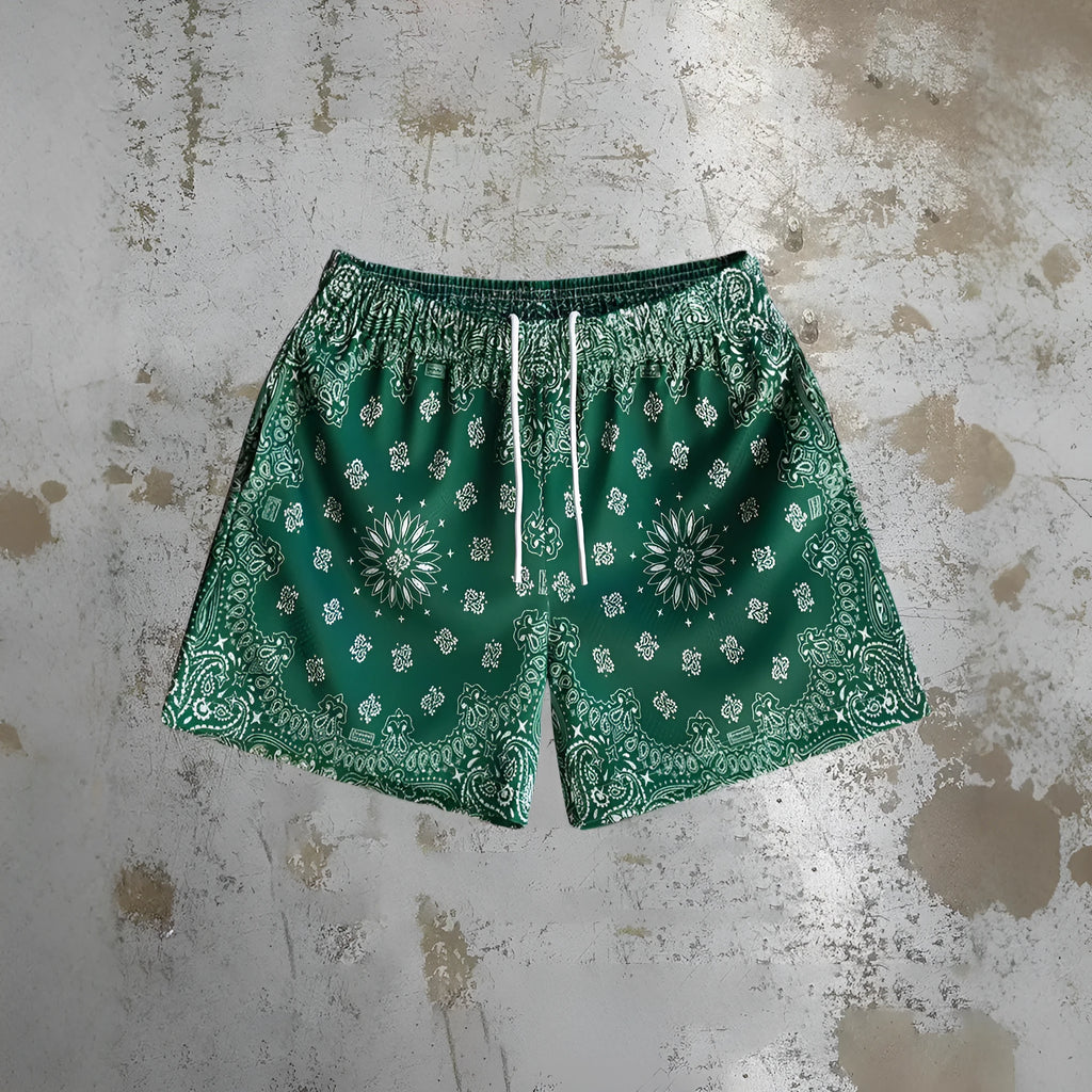 Men's digital print beach shorts in quick-dry polyester with loose fit design