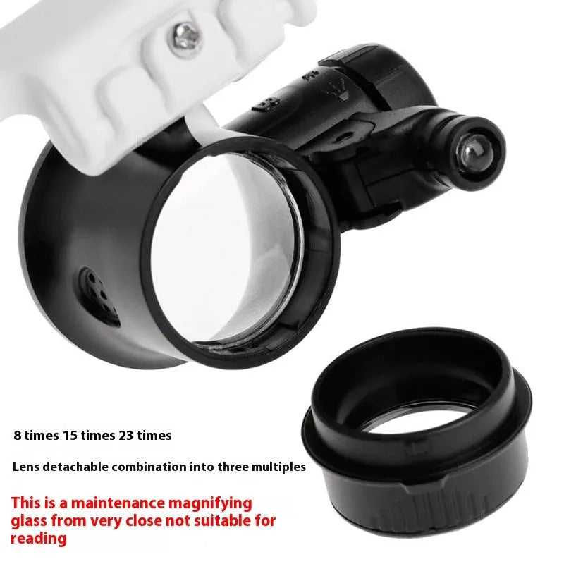 White head-mounted magnifying glass with LED light, shown folded and unfolded for watch repair work.