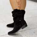 Women's suede mid-calf boots with pointed toe, square heel and side zip, shown in black, apricot and brown
