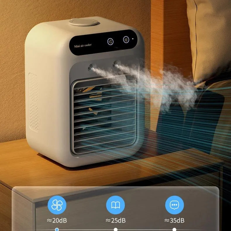 Ivory white portable USB air cooler fan with touchscreen controls and water tank