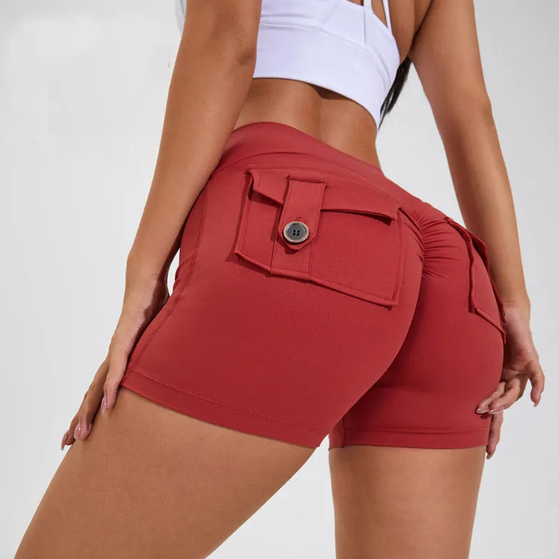 Women's high waist hip lifting shorts with pockets in quick-dry fabric for summer fitness