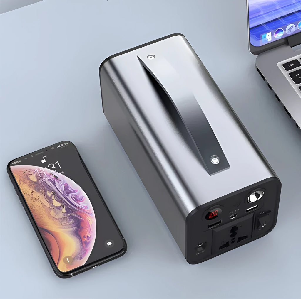 Black portable power station with 45000mAh capacity, 180W output, AC and USB ports on front panel