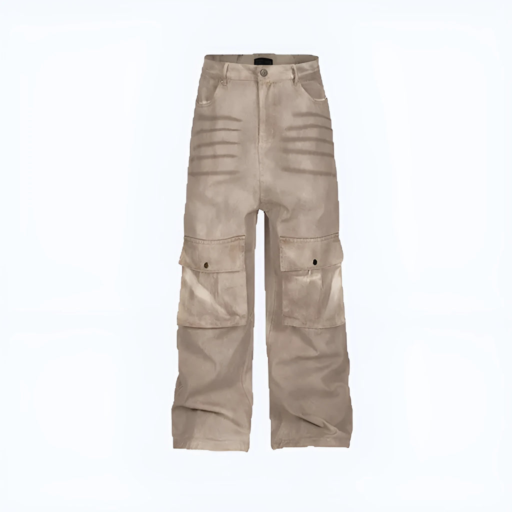 Marble dark loose A-line denim trousers with mid-waist design and zip placket opening