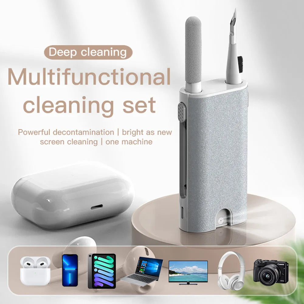 5-in-1 multifunctional screen and earphone cleaning pen kit with flocking sponge and metal tip.